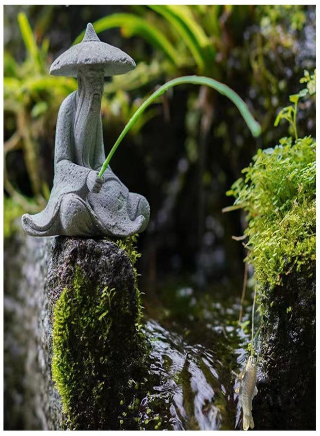 livelyfish Mini Fisherman Statue Asian Zen Decoration Sitting Fishing Figurines Sandstone Vintage Ornament for Aquarium Fish Tank Pot Garden Home Japanese Decor,D - Image 1
